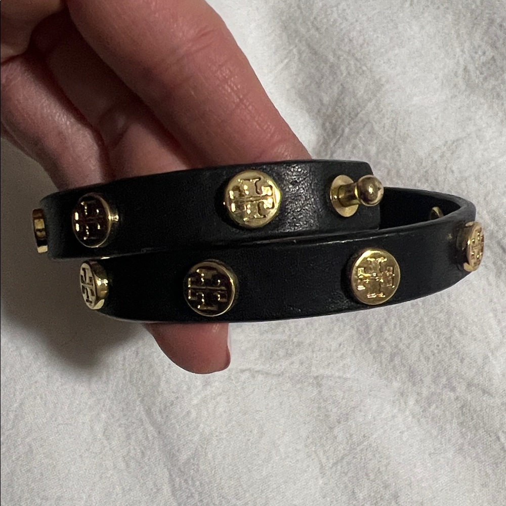 Tory Burch Black Leather Bracelet with Gold Accents